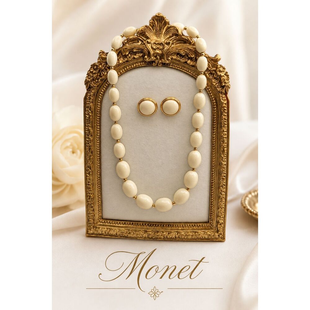 Vintage 80s Monet Ivory Bead Necklace Earrings Set Statement Old Money Classic